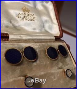 Asprey London 18k Gold & Enamel & Pearl Cufflinks & Collar Studs Set Vintage