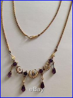 Attractive Antique 14k Gold Amethyst & Seed Pearl Set Necklace