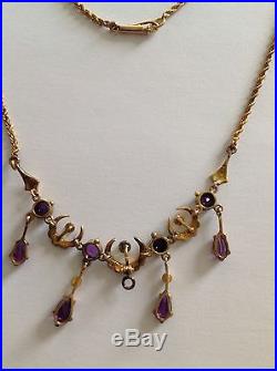 Attractive Antique 14k Gold Amethyst & Seed Pearl Set Necklace