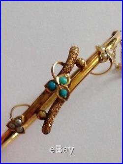 Attractive Antique Victorian 9ct Gold Turquoise & Seed Pearl Set Hinged Bangle