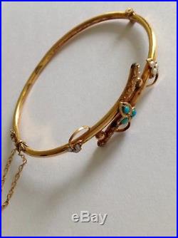Attractive Antique Victorian 9ct Gold Turquoise & Seed Pearl Set Hinged Bangle