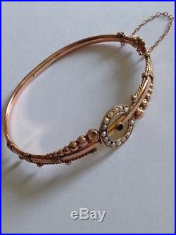 Attractive Antique Victorian 9ct Rose Gold Garnet & Seed Pearl Set Hinged Bangle
