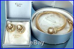 Auth CHRISTIAN DIOR Snake Style Choker Necklace Crystals with Pearl Earrings Set