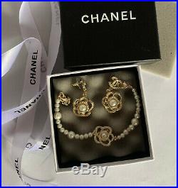 Authentic CHANEL Set Pearls CC Dangle Earrings and Bracelet Gold Tone Pierced