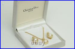 Authentic Dior Pearl Necklace Earring Set Vintage GP Rhinestone Jewelry with Box