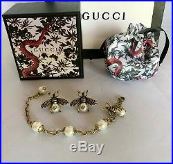 Authentic GUCCI SET Antique Gold Bee Bracelet and Earrings with White Pearl