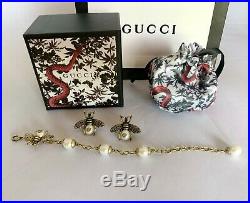 Authentic GUCCI SET Antique Gold Bee Bracelet and Earrings with White Pearl