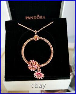Authentic Pandora 14k Rose Gold Medium O Pendant Necklace & Charm Set 388256