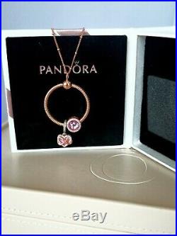 Authentic Pandora 14k Rose Gold Medium O Pendant Necklace & Charm Set 388256 New