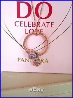 Authentic Pandora 14k Rose Gold Medium O Pendant Necklace & Charm Set 388256 New