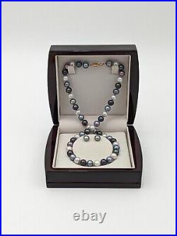 Authentic Tahitian Multicolor Grey Blue 7mm Pearl Necklace Set, Clasp 14K Gold