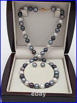 Authentic Tahitian Multicolor Grey Blue 7mm Pearl Necklace Set, Clasp 14K Gold