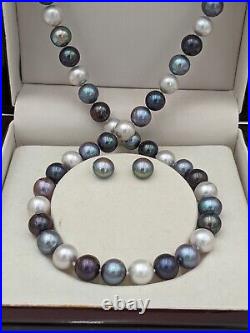 Authentic Tahitian Multicolor Grey Blue 7mm Pearl Necklace Set, Clasp 14K Gold