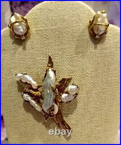 Awesome! Solid 14Kt Gold Keshi or Biwa Pearl/Diamond Pin/Pdt & Earr Set Signed