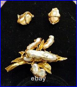 Awesome! Solid 14Kt Gold Keshi or Biwa Pearl/Diamond Pin/Pdt & Earr Set Signed