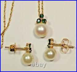 B. A. Ballou BAB 14k Gold Necklace & Earring Set 16 with Pearl & Emeralds 215