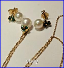 B. A. Ballou BAB 14k Gold Necklace & Earring Set 16 with Pearl & Emeralds 215