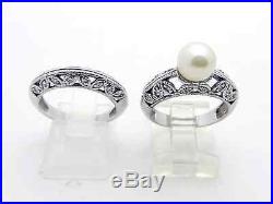 BEAUTIFUL 14K WHITE GOLD FILIGREE DOUBLE RING WITH PEARL & DIAMONDS Set 9.6 gr