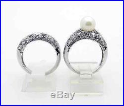 BEAUTIFUL 14K WHITE GOLD FILIGREE DOUBLE RING WITH PEARL & DIAMONDS Set 9.6 gr