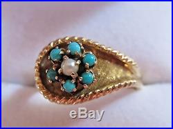 BIG Flower Design Cabochon Turquoise Pearl Ring Set in 14k Gold Not Scrap