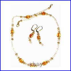 Baltic Amber Cultured Pearl Necklace Dangle Earrings Museum Collection