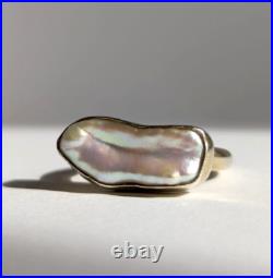 Baroque Keshi Pearl Sterling Silver Bar Ring Bezel Set Gold Plated Size S / 9 Baroque Keshi Pearl Sterling Silver Bar Ring Bezel Set Gold Plated Size S / 9