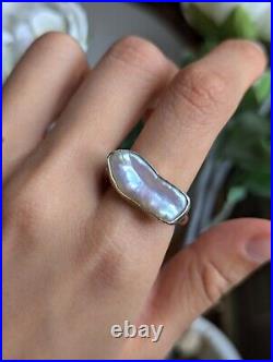 Baroque Keshi Pearl Sterling Silver Bar Ring Bezel Set Gold Plated Size S / 9 Baroque Keshi Pearl Sterling Silver Bar Ring Bezel Set Gold Plated Size S / 9