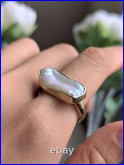 Baroque Keshi Pearl Sterling Silver Bar Ring Bezel Set Gold Plated Size S / 9 Baroque Keshi Pearl Sterling Silver Bar Ring Bezel Set Gold Plated Size S / 9