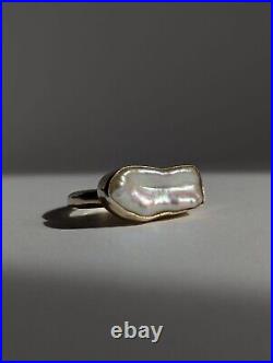 Baroque Keshi Pearl Sterling Silver Bar Ring Bezel Set Gold Plated Size S / 9 Baroque Keshi Pearl Sterling Silver Bar Ring Bezel Set Gold Plated Size S / 9