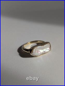 Baroque Keshi Pearl Sterling Silver Bar Ring Bezel Set Gold Plated Size S / 9 Baroque Keshi Pearl Sterling Silver Bar Ring Bezel Set Gold Plated Size S / 9