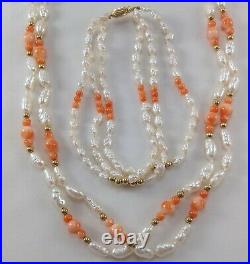 Baroque Pearl Coral 14k Gold Two & Three Stand Necklace & Bracelet Set