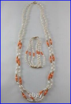 Baroque Pearl Coral 14k Gold Two & Three Stand Necklace & Bracelet Set