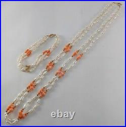 Baroque Pearl Coral 14k Gold Two & Three Stand Necklace & Bracelet Set