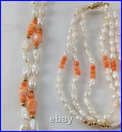 Baroque Pearl Coral 14k Gold Two & Three Stand Necklace & Bracelet Set