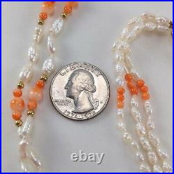 Baroque Pearl, Coral 14k Gold Two & Three Strand Necklace & Bracelet Set