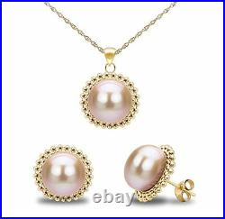 Beaded Pendant and Earrings Set 14k Yellow Gold 9-9.5mm Pink Freshwater Pearl