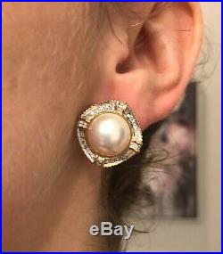 Beautiful 1 Carat Diamond and Pearl Earrings Set in 14K Gold Plus Appraisal