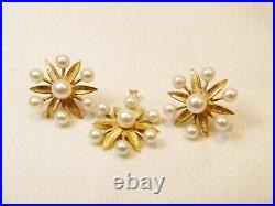 Beautiful 14 K Gold Cultured Pearl Vintage Flower Starburst Pendant Earrings Set