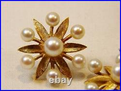 Beautiful 14 K Gold Cultured Pearl Vintage Flower Starburst Pendant Earrings Set