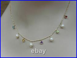 Beautiful 14k Solid Gold Bezel Set Genuine Gemstone & Pearl Stations Necklace