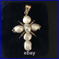 Beautiful 14kt Yellow Gold Cross Pendant Set With 6 Freshwater Pearls