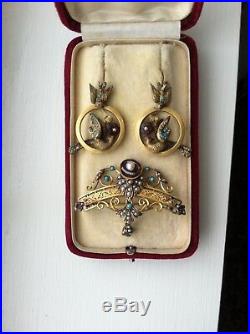 Beautiful 18K Gold Victorian Bird Earrings/Brooch set with Turq, Pearls, Rubies