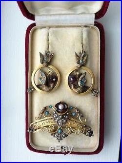 Beautiful 18K Gold Victorian Bird Earrings/Brooch set with Turq, Pearls, Rubies