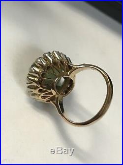 Beautiful 18KT Yellow Gold Large Oval Jade Prong Set Ring With Gorgeous Pearl Halo