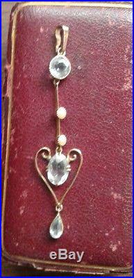 Beautiful 9ct Gold Art Nouveau Pendant Set Aquamarines & Seed Pearls