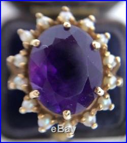 Beautiful Amethyst & Pearl Large Dress Ring Set In 9ct Yellow Gold