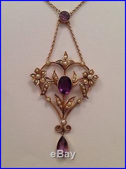 Beautiful Antique 9ct Gold Amethyst & Seed Pearl Set Pendant Necklace
