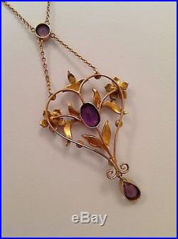 Beautiful Antique 9ct Gold Amethyst & Seed Pearl Set Pendant Necklace