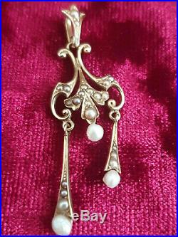 Beautiful Antique, Art Noveau Style 14k Gold Pendant Drop /, Set With Pearls