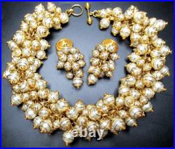 Beautiful Carged Wire Wrapped Faux Pearl Cluster Vintage Necklace Earring Set